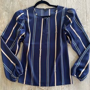 Ann Taylor Navy Blue Tan Classic Blouse Top sz L